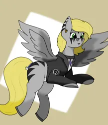 Size: 1440x1658 | Tagged: safe, artist:fleiiha, artist:thomas.senko, derpibooru import, oc, oc:goya nova, pegasus, pony, zebra, blonde, clothes, female, flying, gem, gray skin, green eyes, happy, image, jacket, png, smiling, white belly