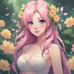 Size: 1024x1024 | Tagged: safe, ai content, derpibooru import, machine learning generated, prompter:fluttershine, fluttershy, human, anime, breasts, busty fluttershy, flower, forest, headdress, image, nature, png, tree