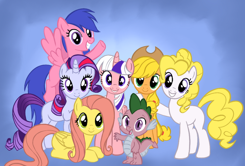 Size: 894x605 | Tagged: safe, artist:primrosedinocat, derpibooru import, edit, applejack (g1), firefly, posey, sparkler (g1), spike (g1), surprise, twilight (g1), twilight sparkle, dragon, earth pony, pegasus, pony, unicorn, g1, g4, fangs, female, flying, folded wings, g1 six, g1 to g4, generation leap, grin, group, hat, horn, image, looking at you, lying down, male, mare, open mouth, open smile, png, prone, race swap, raised hoof, recolor, septet, smiling, spread wings, tail, wings