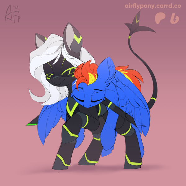 Size: 1600x1600 | Tagged: safe, artist:airfly-pony, derpibooru import, oc, oc:wing hurricane, oc:xfa-21 jane, pegasus, 2021, elepatrium, elepatrium universe, eyebrows, eyeshadow, female, folded wings, glow, glowing eyes, image, long tail, looking at someone, lying, makeup, male, mecha (elepatrium), patreon, patreon reward, png, raised eyebrow, raised hoof, raised tail, short hair, short mane, short tail, sleepy, smiling at someone, tail, universe elepatrium, wings