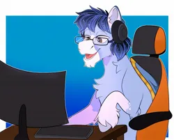 Size: 2048x1647 | Tagged: safe, artist:diethtwoo, derpibooru import, oc, oc:soaring spirit, pegasus, pony, accessory, armor, chair, chest fluff, coat markings, colored ears, colored hooves, gaming chair, gaming headset, glasses, headset, hooves, image, jpeg, keyboard, male, monitor, multicolored hair, multicolored mane, office chair, pegasus oc, raffle prize, simple background, socks (coat marking), solo, stallion, wing armor, wing brace, wings