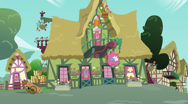 Size: 3290x1823 | Tagged: safe, artist:vector-brony, derpibooru import, g4, background, building, door, flower, flower shop, image, no pony, outdoors, png, ponyville, potted plant, resource, tree, wheelbarrow, window