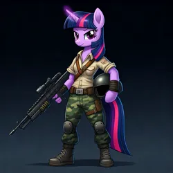 Size: 1024x1024 | Tagged: safe, ai content, derpibooru import, generator:google imagen 3.0, machine learning generated, prompter:zerowinger, twilight sparkle, anthro, plantigrade anthro, clothes, cosplay, costume, duke, female, g.i. joe, glow, glowing horn, helmet, horn, image, jpeg, laser rifle, simple background, smiling, smirk, solo, uniform