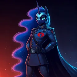 Size: 1024x1024 | Tagged: safe, ai content, derpibooru import, generator:google imagen 3.0, machine learning generated, prompter:zerowinger, nightmare moon, anthro, bust, cape, clothes, cobra commander, cosplay, costume, ethereal mane, g.i. joe, hand on hip, image, jpeg, military uniform, portrait, smiling, solo, uniform