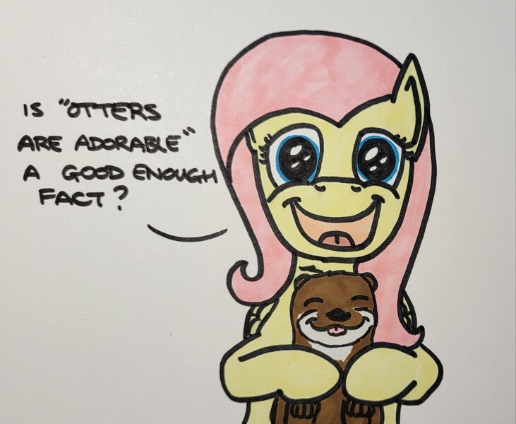 Size: 2048x1681 | Tagged: safe, artist:hoofclid, derpibooru import, fluttershy, otter, pegasus, pony, g4, cute, dialogue, image, jpeg, looking at you, marker drawing, open mouth, open smile, shyabetes, smiling, smiling at you, solo, talking to viewer, traditional art