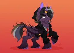 Size: 4264x3050 | Tagged: safe, artist:alzmariowolfe, derpibooru import, oc, oc:delta riel-delano, unofficial characters only, alicorn, bat pony, bat pony alicorn, pony, unicorn, bat wings, gradient background, horn, horn ring, image, jewelry, male, png, ring, solo, stallion, unshorn fetlocks, wings