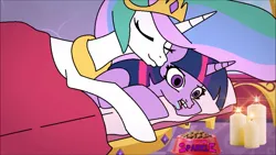 Size: 1920x1080 | Tagged: safe, artist:tamers12345, derpibooru import, princess celestia, twilight sparkle, twilight sparkle (alicorn), alicorn, pony, bed, candle, cuddling, duo, duo female, female, image, jpeg, ms paint, pet bowl, sleeping