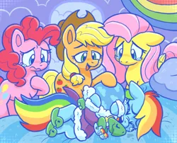 Size: 1630x1315 | Tagged: safe, artist:raystarkitty, derpibooru import, applejack, fluttershy, pinkie pie, rainbow dash, tank, earth pony, pegasus, pony, tortoise, g4, tanks for the memories, bed, clothes, crying, dashie slippers, female, hoof on neck, image, male, mare, png, rainbow dash's house, scene interpretation, slippers, tank slippers