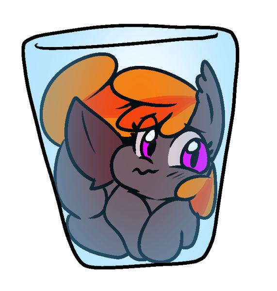 Size: 719x755 | Tagged: safe, artist:zutcha, derpibooru import, oc, unofficial characters only, bat pony, pony, bat pony oc, bat wings, cup, cup of pony, eye clipping through hair, female, glass, image, mare, micro, png, simple background, solo, white background, wings