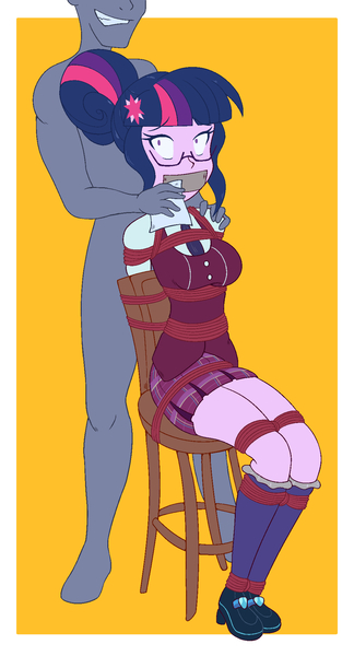 Size: 1080x2000 | Tagged: questionable, artist:gagmanzx, derpibooru import, part of a set, sci-twi, twilight sparkle, equestria girls, g4, ankle tied, arm behind back, bondage, bound, chair, chloroform, clothes, commission, crystal prep academy uniform, fetish, gag, image, jpeg, kidnapped, legs together, looking back, rope, rope bondage, school uniform, shrunken pupils, simple background, sitting, tape, tape gag, tied down, wide eyes, yellow background