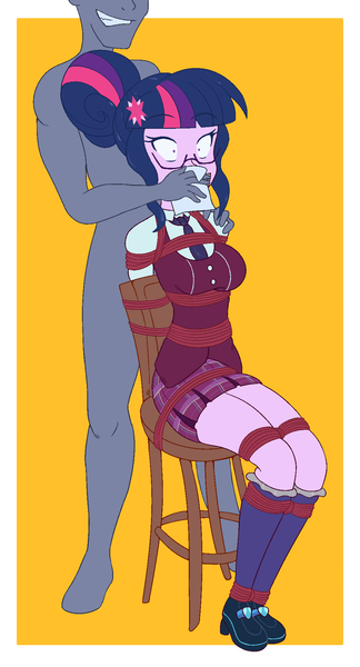 Size: 1080x2000 | Tagged: questionable, alternate version, artist:gagmanzx, derpibooru import, part of a set, sci-twi, twilight sparkle, equestria girls, g4, ankle tied, arm behind back, bondage, bound, chair, chloroform, clothes, commission, crystal prep academy uniform, fetish, gag, image, jpeg, kidnapped, legs together, looking forward, rope, rope bondage, school uniform, shrunken pupils, simple background, sitting, tape, tape gag, tied down, wide eyes, yellow background