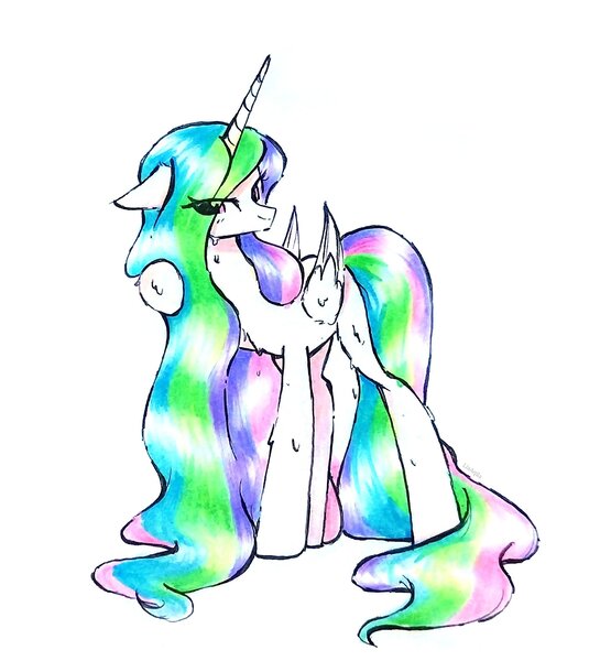 Size: 2082x2293 | Tagged: safe, artist:liaaqila, derpibooru import, princess celestia, alicorn, pony, g4, eye clipping through hair, female, folded wings, high res, horn, image, jpeg, mare, raised hoof, simple background, solo, tail, traditional art, wet, wet mane, wet mane celestia, white background, wings