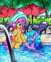 Size: 1756x2136 | Tagged: safe, artist:liaaqila, derpibooru import, izzy moonbow, sunny starscout, earth pony, pony, unicorn, g5, beach, beach umbrella, chest fluff, cute, duo, duo female, ear fluff, eye clipping through hair, eyes closed, female, heatwave, horn, image, izzybetes, jpeg, lesbian, looking at someone, mare, open mouth, outdoors, palm tree, partially submerged, ship:moonscout, shipping, sitting, summer, sunnybetes, swimming, swimming pool, tail, towel, tree, umbrella, water, wet, wet mane