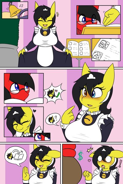 Size: 2000x3000 | Tagged: safe, artist:rice, derpibooru import, oc, unofficial characters only, anthro, anthro oc, clothes, comic, duo, explicit source, female, heterochromia, image, jpeg, maid, male, straight