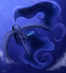 Size: 1826x2018 | Tagged: safe, artist:emiimeoww, derpibooru import, princess luna, alicorn, pony, g4, blue mane, blue tail, cloud, crown, curved horn, digital art, ethereal mane, eyes closed, feather, female, flowing mane, flowing tail, flying, glow, glowing horn, hoof shoes, horn, image, jewelry, jpeg, magic, mare, moon, moonlight, night, regalia, sky, solo, spread wings, starry mane, starry tail, stars, tail, wings