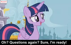 Size: 1920x1219 | Tagged: safe, derpibooru import, edit, edited screencap, screencap, twilight sparkle, twilight sparkle (alicorn), alicorn, pony, comic:celestia's servant interview, g4, princess twilight sparkle (episode), season 4, canterlot, caption, cs captions, detailed background, female, image, image macro, interview, mare, png, solo, text