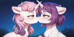 Size: 2400x1200 | Tagged: safe, ai content, derpibooru import, machine learning generated, prompter:greesys, stable diffusion, sweetie belle, oc, oc:sweetieck dreams, pony, unicorn, g4, bedroom eyes, blushing, boop, canon x oc, duo, duo female, female, french kiss, horn, image, kissing, lesbian, looking at each other, looking at someone, mare, noseboop, png, ship:dreamsbelle, shipping, tongue to tongue