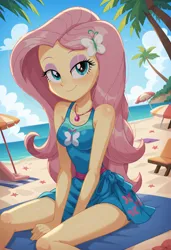 Size: 1664x2432 | Tagged: safe, ai content, derpibooru import, machine learning generated, prompter:kimberlite, stable diffusion, twilight sparkle, human, equestria girls, g4, clothes, generator:pony diffusion v6 xl, hourglass, image, ocean, outdoors, palm, palms, png, safe beach, solo, swimsuit, water