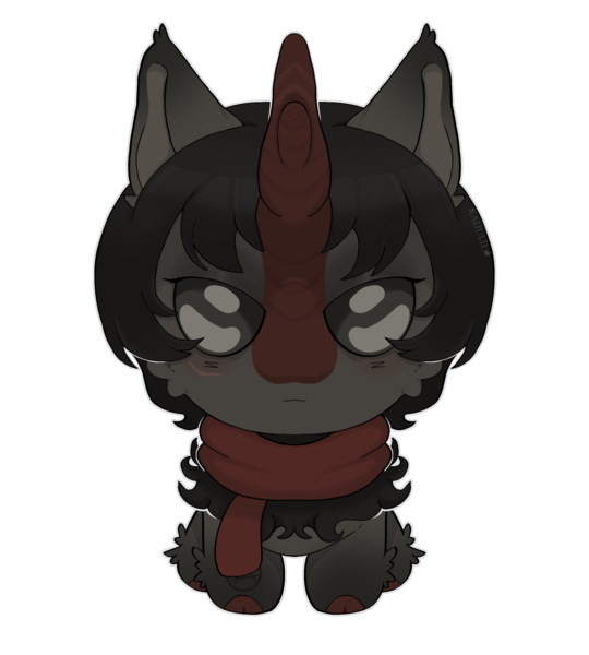 Size: 2094x2326 | Tagged: safe, artist:kaijulii, derpibooru import, oc, unofficial characters only, hybrid, kirin, pony, black fur, black hair, black mane, chibi, clothes, cute, ear fluff, female, fluffy, gray eyes, hybrid oc, image, png, red scarf, scarf, shiny eyes, short mane, simple background, solo, transparent background