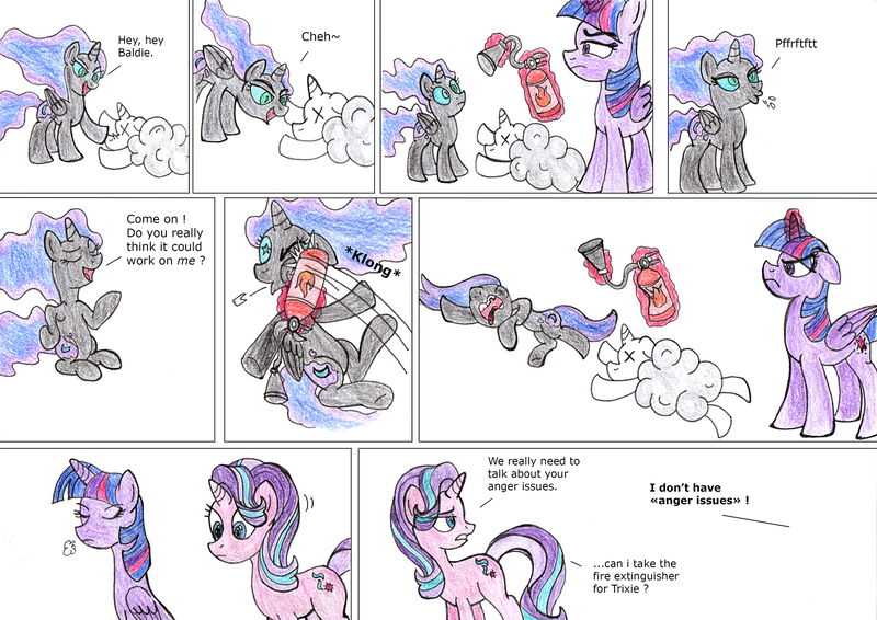 Size: 1800x1273 | Tagged: safe, artist:fleximusprime, derpibooru import, daybreaker, nightmare moon, starlight glimmer, twilight sparkle, twilight sparkle (alicorn), alicorn, pony, unicorn, g4, broken teeth, fire extinguisher, foal, horn, image, levitation, magic, onomatopoeia, png, raspberry, raspberry noise, rekt, simple background, telekinesis, tongue out, unconscious, violence, white background, x eyes