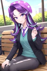 Size: 1024x1536 | Tagged: safe, ai content, derpibooru import, generator:civitai, machine learning generated, prompter:jesterofdestiny, starlight glimmer, human, g4, beanie, bench, clothes, hat, humanized, image, jpeg, looking at you, necktie, pants, ripped pants, sitting, suit, sweater vest, torn clothes