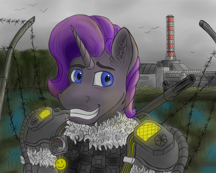 Size: 2560x2048 | Tagged: safe, artist:coffee_caramel, derpibooru import, oc, oc:farman royce, pony, unicorn, barbed wire, blue eyes, body armor, chernobyl nuclear power plant, exoskeleton, forest, geiger counter, gray skin, grey sky, gun, horn, image, jpeg, male, nature, purple mane, rifle, sky, smiling, sniper rifle, solo, stalcraft, stalker, stallion, swamp, tree, weapon