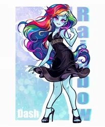 Size: 1686x2048 | Tagged: safe, artist:libbly_libby, derpibooru import, rainbow dash, human, equestria girls, g4, black dress, clothes, commission, dress, female, grin, high heels, image, jpeg, little black dress, rainbow dash always dresses in style, shoes, smiling, solo