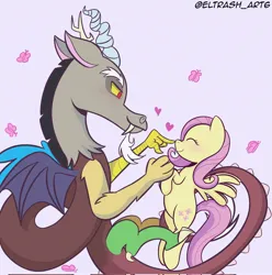 Size: 2028x2048 | Tagged: safe, artist:eltrash_art6, derpibooru import, discord, fluttershy, draconequus, pegasus, pony, beard, blushing, boop, cute, discoshy, duo, duo male and female, eyes closed, facial hair, fangs, female, flying, heart, image, jpeg, male, mare, shipping, shyabetes, straight