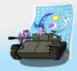 Size: 1772x1643 | Tagged: artist needed, source needed, safe, derpibooru import, starlight glimmer, twilight sparkle, flag of equestria, gradient background, grin, image, png, riding, smiling, spread wings, tank (vehicle), wings