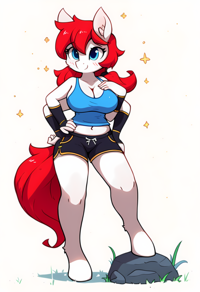 Size: 3328x4864 | Tagged: safe, ai content, derpibooru import, machine learning generated, novelai, stable diffusion, oc, oc:titaness, unofficial characters only, anthro, anthro oc, belly, belly button, booty shorts, breasts, cleavage, clothes, female, four arms, hand on breasts, hand on hip, image, midriff, multiple arms, multiple limbs, png, prompter:flitter4935, rock, shorts, smiling, solo, solo female, tanktop