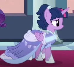 Size: 827x744 | Tagged: safe, derpibooru import, screencap, rarity, twilight sparkle, twilight sparkle (alicorn), alicorn, pony, g4, the last problem, alternate hairstyle, beautiful, canterlot, canterlot castle, castle, clothes, coronation dress, dress, elegant, evening, female, gown, image, jpeg, mare, regal, sash, second coronation dress, sunset, walking