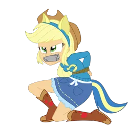 Size: 2000x2000 | Tagged: safe, artist:nie-martw-sie-o-mnie, derpibooru import, applejack, human, equestria girls, g4, applesub, arm behind back, bondage, boots, bound and gagged, clothes, cowboy boots, cowboy hat, denim, denim skirt, female, femsub, freckles, gag, hat, helping twilight win the crown, image, kneeling, png, rope, rope bondage, shoes, simple background, skirt, solo, submissive, tape, tape gag, transparent background