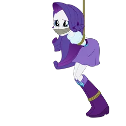 Size: 2500x2500 | Tagged: safe, artist:nie-martw-sie-o-mnie, derpibooru import, rarity, human, equestria girls, g4, arm behind back, bondage, boots, bound and gagged, cloth gag, clothes, female, femsub, gag, image, looking at you, png, rarisub, rope, rope bondage, shoes, simple background, skirt, solo, submissive, suspended, suspension bondage, transparent background