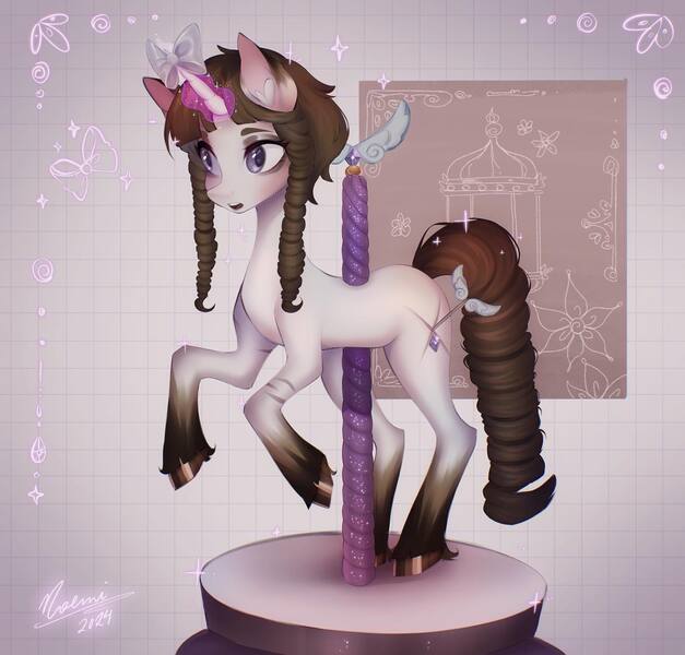 Size: 1440x1377 | Tagged: safe, alternate version, artist:noemint, derpibooru import, oc, unofficial characters only, pony, unicorn, abstract background, bow, carousel, horn, horn bow, image, jpeg, male, solo, stallion, unshorn fetlocks