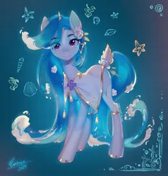 Size: 1440x1510 | Tagged: safe, artist:noemint, derpibooru import, oc, unofficial characters only, pony, unicorn, abstract background, clothes, female, flower, flower in hair, horn, image, jpeg, mare, solo, water mane, water tail