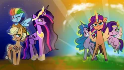 Size: 1920x1080 | Tagged: safe, artist:jully-park, derpibooru import, applejack, izzy moonbow, pipp petals, rainbow dash, sunny starscout, twilight sparkle, twilight sparkle (alicorn), alicorn, earth pony, pegasus, pony, unicorn, g4, g5, horn, image, jpeg