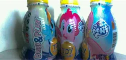 Size: 7590x3656 | Tagged: safe, derpibooru import, fluttershy, pinkie pie, rainbow dash, g4, bottle, female, females only, image, irl, jpeg, my little pony logo, photo, toy