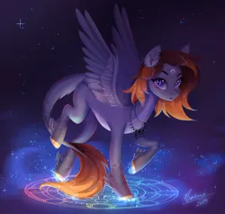 Size: 1440x1373 | Tagged: safe, artist:noemint, derpibooru import, oc, unofficial characters only, pegasus, pony, ear piercing, earring, female, image, jewelry, jpeg, leonine tail, magic, magic circle, mare, necklace, piercing, solo, tail, unusual pupils, winged hooves