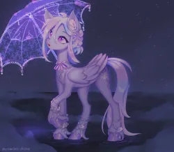 Size: 1440x1253 | Tagged: safe, artist:noemint, derpibooru import, oc, unofficial characters only, pegasus, pony, bracelet, commission, ear piercing, earring, female, image, jewelry, jpeg, mare, necklace, night, piercing, solo, stars, umbrella, unshorn fetlocks, water