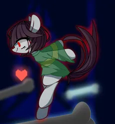 Size: 981x1060 | Tagged: safe, artist:alus, derpibooru import, ponified, earth pony, pony, abstract background, bone, chara, clothes, female, filly, foal, glow, heart, image, png, shirt, smiling, solo, undertale