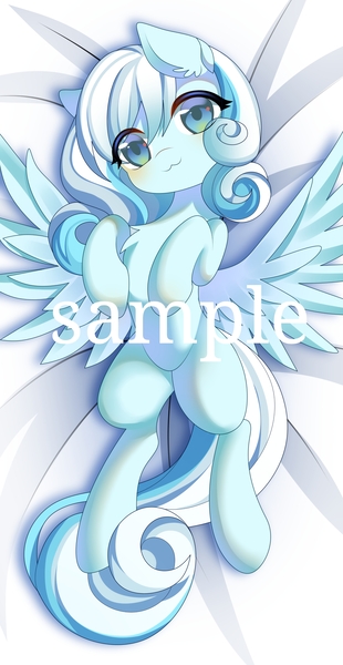 Size: 2000x3872 | Tagged: safe, artist:alus, derpibooru import, oc, oc:snowdrop, pegasus, pony, :3, blushing, female, filly, foal, image, jpeg, looking at you, lying down, on back, sample, smiling, smiling at you, solo, spread wings, text, wings