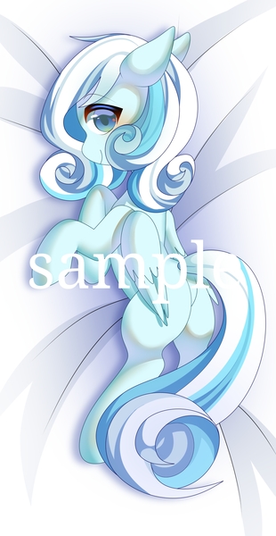 Size: 2000x3872 | Tagged: safe, artist:alus, derpibooru import, oc, oc:snowdrop, pegasus, pony, blushing, female, filly, foal, image, jpeg, looking at you, looking back, looking back at you, lying down, sample, side, smiling, solo, text