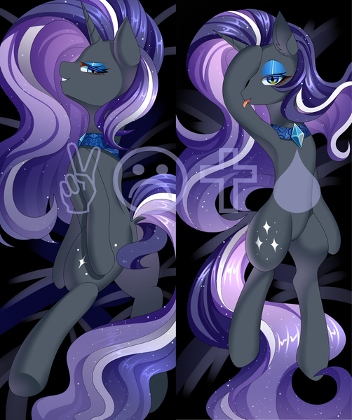 Size: 5068x6056 | Tagged: safe, artist:alus, derpibooru import, nightmare rarity, pony, unicorn, body pillow, body pillow design, butt, featureless crotch, female, horn, image, looking at you, lying down, mare, on back, one eye closed, plot, png, side, solo, tongue out, watermark