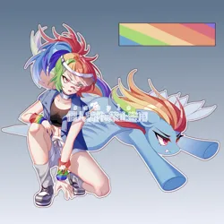 Size: 3356x3356 | Tagged: safe, artist:alus, derpibooru import, rainbow dash, human, pegasus, pony, belly, belly button, clothes, gradient background, grin, humanized, image, jacket, outline, png, sample, self paradox, self ponidox, shoes, shorts, smiling, socks, spread wings, text, visor cap, white outline, wings