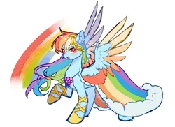 Size: 3000x2187 | Tagged: safe, artist:alus, derpibooru import, rainbow dash, pegasus, pony, clothes, dress, female, image, jewelry, laurel wreath, mare, necklace, open mouth, png, raised hoof, shoes, simple background, smiling, solo, spread wings, white background, wings