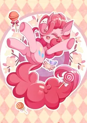 Size: 2000x2838 | Tagged: safe, artist:alus, derpibooru import, pinkie pie, earth pony, pony, candy, eyes closed, female, flower, food, image, lollipop, lying down, mare, on back, open mouth, outline, patterned background, png, solo, spread arms, white outline