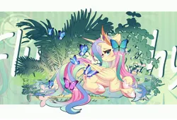 Size: 3718x2534 | Tagged: safe, artist:alus, derpibooru import, fluttershy, alicorn, butterfly, insect, pony, blushing, female, frown, image, jewelry, jpeg, lying down, mare, prone, regalia, solo, text