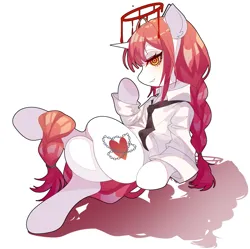 Size: 2359x2350 | Tagged: safe, artist:alus, derpibooru import, ponified, pony, unicorn, chainsaw man, crossed legs, female, grin, halo, horn, image, makima, mare, png, simple background, sitting, smiling, solo, white background