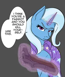 Size: 738x866 | Tagged: safe, artist:bruttas46, ponerpics import, trixie, pony, unicorn, g4, 4chan, colt 1911, drawthread, gun, handgun, image, implied suicide, kys, looking at you, meme, png, suicide, vulgar, weapon