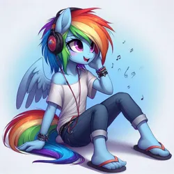 Size: 1024x1024 | Tagged: safe, ai content, derpibooru import, machine learning generated, prompter:lukington17, rainbow dash, anthro, pegasus, plantigrade anthro, bracelet, clothes, denim, female, flip-flops, headphones, image, jeans, jewelry, jpeg, listening to music, loose fitting clothes, music notes, pants, sandals, shirt, sitting, smiling, solo